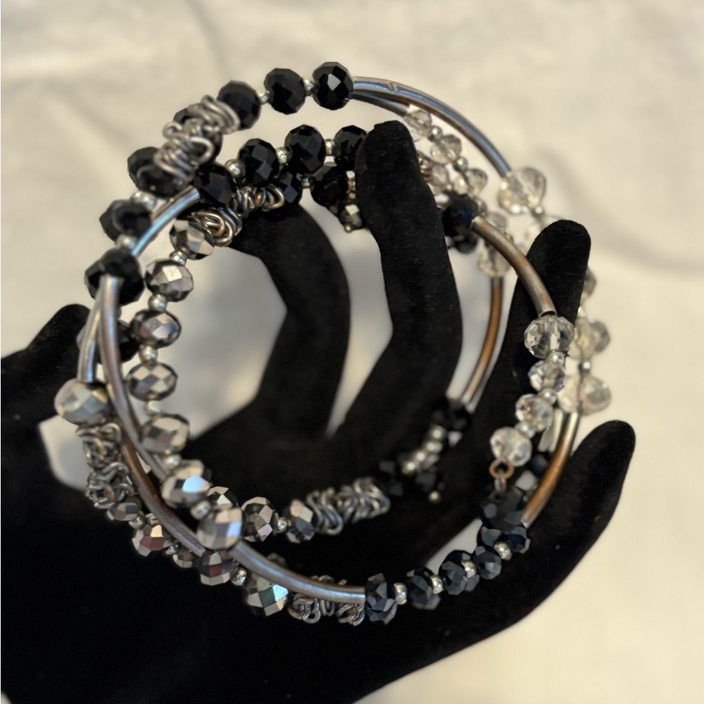 Elegant Black and Silver Beaded Bracelet Set